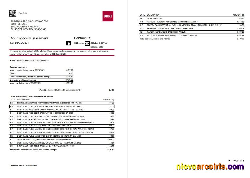 USA North Carolina BB&T Corp. bank statement in Excel and PDF format (2 pages)